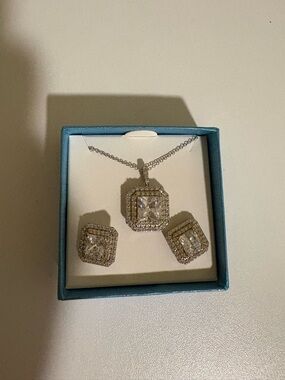 Silver Square Halo Crystal Necklace and Stud Earrings - Silver